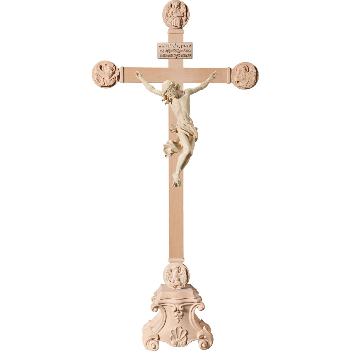 Cristo Barroco en pedestal con Evangelistas y Titulus Crucis en hebreo - latín - griego